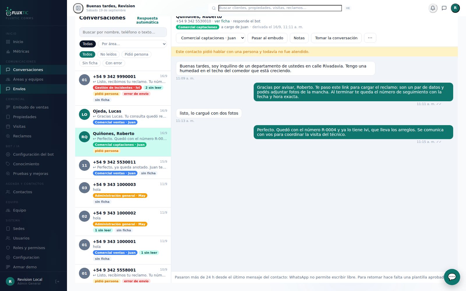 Conversación derivada al área de incidentes